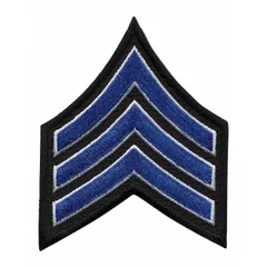Rank insignia patch identifying the Sergeant rank. Measures 3 inches, black, constructed from polyester/rayon. Suitable for sewing onto uniforms, tactical gear, or ceremonial attire.