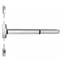 This surface vertical rod exit device features a stainless steel touchbar and is designed for doors up to 36 inches wide. It is ADA compliant and supplied without outside trim. Typical applications include commercial buildings requiring reliable panic hardware for safe egress
