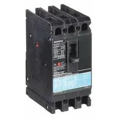 Molded case circuit breaker from the ED4 series, rated 100 A with a maximum interrupting rating of 18 kA at 480 V AC. Features fixed instantaneous trip, ABC phase connection, and load side lug terminals. Suitable for overcurrent protection in branch circuits within electrical distribution equipment.