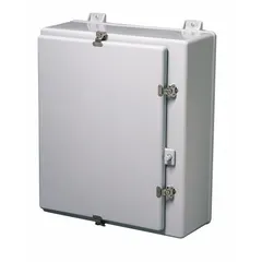 Fiberglass enclosure with solid hinged cover, rated NEMA 1/12/3/3R/4X. Measures 36 x 30 x 12 inches. No knockouts included. Suitable for protecting electrical components in corrosive, wet, or outdoor environments.