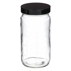 Colorless, graduated wide mouth round glass bottle with a 70-400 mm screw closure. The phenolic cap includes a pulp/vinyl liner. Suitable for general laboratory storage and dispensing of liquids and reagents.