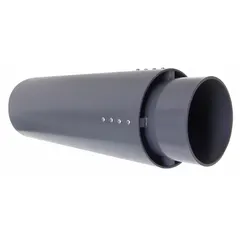 This PVC rain cap is designed for use with 6-inch duct diameter systems. It features a 6 5/8-inch inlet diameter, 28-inch overall length, and 0.1875-inch material thickness. Commonly installed on rooftop exhaust or intake vents to prevent rain, debris, and animals from entering the duct while maintaining airflow.