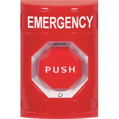 Red push-to-exit button for releasing doors in egress applications. ADA compliant for accessible building exits. Measures 3 1/4 in width and 3 3/16 in depth.