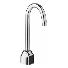 Battery-powered sensor faucet with chrome-plated brass construction. Single-post design with quick connect fittings and back-check tee. Suitable for touch-free hand washing in commercial restrooms and public facilities.