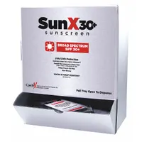 SUNX Sunscreen is an oil-free lotion sunscreen with aloe vera, packaged in unitized 0.25 oz packets (50 per pack). It is used for protection against UV radiation in settings requiring individual single-use portions, such as industrial, healthcare, or field applications