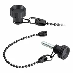 Fluted knob with an M8 threaded stud and a 25 mm thread length, made of POM plastic with a matte finish. Includes a black POM-based technopolymer tether with a 200 mm nominal length and a POM seal. Used for manual adjustment and fastening in machinery, panel doors, and safety guards where tool retention is required.