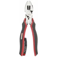 9 in voltage-sensing lineman's pliers with curved jaw, 1 1/2 in jaw length, 1 1/4 in jaw width, and integrated wire cutter. Ergonomic handle. Type rating 9 - 11 in. Used for gripping, twisting, cutting wire, and detecting AC voltage in electrical work.