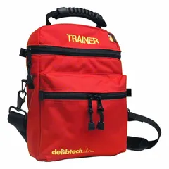 Red nylon soft carrying case with reflective stripes, 9 1/2 in wide. Designed to store and transport the DCF-350T-EN trainer AED. Suitable for training environments and emergency preparedness.