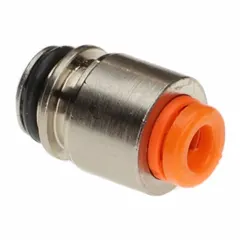 Manifold fitting for SMC VQ1000 Series solenoid valve systems. Connects 1/8 in OD tubing. Operating temperature range 14°F to 122°F. Used in pneumatic control circuits for air-flow connections.