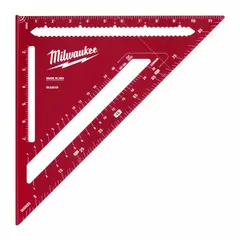 Aluminum rafter square with a 1 1/8 in center-to-edge heel width. Features etched 1/8 in markings for inch-based layout. Used for marking and measuring angles on lumber in roofing, framing, and construction applications.