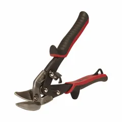 Left-cutting aviation snip with 10-inch overall length and 1.5-inch cutting length. Steel blades and body with TPR grip. Cuts 18-gauge mild steel and stainless steel. Used for cutting sheet metal in HVAC, roofing, and metal fabrication, allowing tight curves and straight cuts.