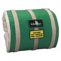 This pipe cover is a ceramic fiber insulation jacket for straight pipe sections. It features a Teflon coated fiberglass cloth jacket in green with a 14 in cover width and a buckled strap fastening system. Designed to reduce heat loss and protect personnel, it is suitable for industrial piping systems