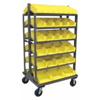 This mobile pick rack from JAMCO features 58 yellow open-front bins (4 in x 11-1/8 in x 11-5/8 in each) mounted on a gray metal frame. The rack measures 36 in x 30 in x 66 in and is designed for organizing small parts and components in warehouses and manufacturing facilities. Its mobile frame allows easy relocation to different workstations or storage areas