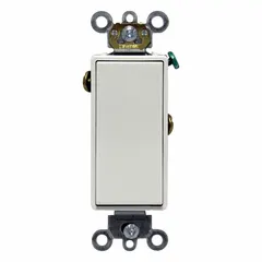 Single-pole maintained rocker switch rated 120/277V AC, 15A. Illuminated design provides visual indication when circuit is on. White finish. For controlling lighting or other loads from one location in residential, commercial, or industrial settings.