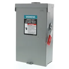 This Siemens fusible safety switch is rated for 60 A, three-phase, 240V AC systems. It features a galvanized steel enclosure suitable for indoor or outdoor use. The switch provides circuit disconnection and overcurrent protection in industrial and commercial electrical distribution.
