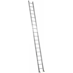This 18 ft straight ladder is constructed from lightweight aluminum, weighing 38 lb with a 300 lb load capacity. It features swivel safety shoes for stable positioning and mar-resistant end caps to protect surfaces. Suitable for elevated access in maintenance, construction, and facility tasks.
