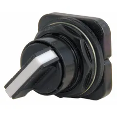 Panel-mount selector-switch operator with a 30 mm mounting hole. Provides three switching positions with a momentary/maintained/maintained action. Uses a C cam for contact actuation. Suitable for industrial control circuits requiring manual selection of operating modes.