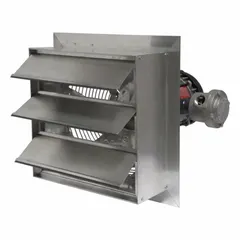 12-inch shutter-mount exhaust fan with powder-coated aluminum frame. Single-speed, 1/3 hp motor delivers 1,670 cfm at 115/208-230V AC, single phase. Totally enclosed air-over motor. Rated Class I, Div 1, Groups C and D for use in areas with flammable gases or vapors.
