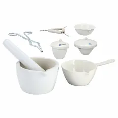 This starter kit includes porcelain crucibles with a glazed finish, rated for a maximum operating temperature of 1,150°C (2,102°F). Suitable for high-temperature material processing in laboratory and industrial furnace applications, such as metal melting, ash testing, and ashing procedures.