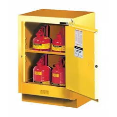 This stationary steel cabinet is designed for the safe storage of flammable liquids in laboratory and industrial settings. It features self-closing doors and is compatible with standard benchtops. The yellow finish provides high visibility for safety compliance.
