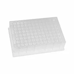 This 96-well plate is made of colorless polystyrene with round wells, each 1.2 mL capacity and 8.5 mm diameter. It is RNase/DNase free, suitable for molecular biology applications requiring nucleic acid integrity. The plate is non-sterile and designed for high-throughput sample processing, storage, and assays.