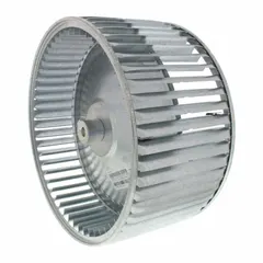 This dual-inlet forward-curved blower wheel has an 11 15/16 in diameter and 7 1/8 in width with clockwise rotation at the hub end. The wheel is constructed from aluminum and steel with a convex design. It is used in HVAC systems for air movement in residential and light commercial heating and cooling units.