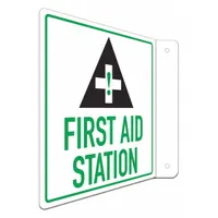 This L-shape projection sign is designed to mark first aid stations in industrial environments. It features an 8x8 inch aluminum face with Engineer Grade retroreflective sheeting and mounting holes for secure installation. The sign is not glow-in-the-dark and has no anti-slip surface