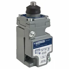 Metallic-bodied limit switch with plunger actuator and screw clamp terminals. Part of the 9007C series, it features two mounting holes. Used in industrial automation for position detection of moving parts in conveyor systems, packaging machinery, and material handling equipment.