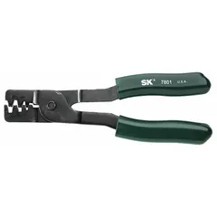 This pliers-style crimper is designed for battery power connectors, accommodating wire sizes from 24 AWG to 14 AWG. It is used in applications requiring secure crimping of pin terminals for battery assembly and power distribution.