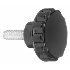 Fluted knob with a threaded stud for manual adjustment and clamping on industrial machinery and control panels. Thermoset body with #10-24 thread, 30 mm thread length, and 0.88 in diameter.