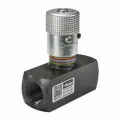 Manual two-way needle flow control valve with rotary knob adjustment. Steel body with #4 SAE O-Ring Boss connections on both ports. Maximum flow rate of 3 gpm. Used in hydraulic circuits for precise flow regulation in industrial systems.
