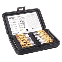 This annular cutter set includes 11 cutters with TiN coating and cobalt construction, providing wear resistance for cutting metal. The set features a 1 in maximum cutting depth and includes a pilot pin. Cutters have a Weldon Flat shank for secure chuck grip and are sized fractionally at 1-1/16 in. Typical applications include cutting clean holes in structural steel, plate, and pipe for fabrication and maintenance.
