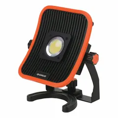 Magnetic mount LED work light with one lamp head and two brightness levels, delivering up to 2800 lumens. Operates on 220V AC input with a Lithium Ion battery. Black and orange housing. Suitable for temporary task lighting in construction and maintenance environments.