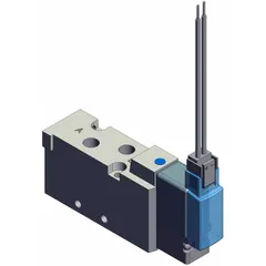 Five-way, two-position solenoid air control valve from the SYJ5000 series. Single solenoid, plug-in connection, 24V DC operation. Aluminum body. Used to direct compressed air in automated machinery and industrial process control.
