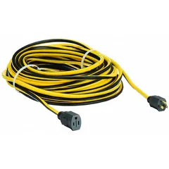This 100-foot outdoor extension cord features a single NEMA 5-15P outlet and a 12/3 SJTW jacket rated for temperatures from -40° to 167°F. The black/yellow cord is suited for powering tools, equipment, or lighting in outdoor settings such as construction sites, landscaping, or events.