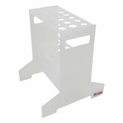 Benchtop hydrometer rack made of white polypropylene. Overall dimensions: 8 1/2 in width, 10 in height, 7 7/8 in length. Holds up to 18 hydrometers or similar tubes for density and specific gravity measurements in laboratory settings.