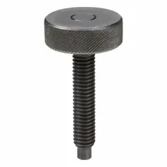 This knurled-head hand knob screw features a dog-point tip for locating into mating holes or slots. The knurled head provides a secure grip for manual adjustment and positioning in fixturing and workholding applications. Thread size is 3/8"-16 with a 2 3/4 in thread length.