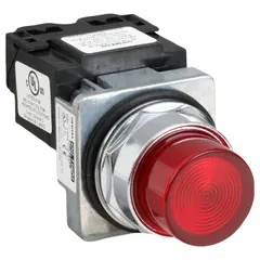 Red LED pilot light for panel mounting in a 30 mm cutout. Rated for 120 V AC/DC supply. Suitable for use as a visual status indicator on industrial control panels and operator stations.