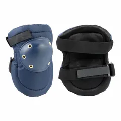 Swivel knee pads with a fabric cap and foam pad for impact reduction. Hook-and-loop closure with two adjustable elastic straps ensures a secure fit. Latex free. Suitable for kneeling tasks in maintenance, construction, and flooring work.