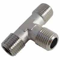This threaded pipe tee is used to split or combine fluid flow in medium-pressure piping systems. Constructed from nickel-plated brass, it has a maximum operating pressure of 870 psi and a length of 2 23/32 in. The 3/4 in x 3/4 in x 3/4 in configuration suits industrial pneumatic, hydraulic, and general process lines