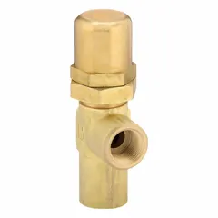 Soft-seat pressure control valve with brass body and 3/4 in NPT ports. Rated for 15 gpm flow and maximum pressure setting of 200 psi. Designed for hydraulic and pneumatic systems requiring downstream pressure regulation and reliable shutoff with minimal leakage.