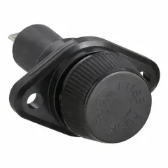 Single-pole panel mount fuse holder for cylindrical fuses sized 13/32 in x 1 1/2 in. Rated 30 A max, 600 V AC. Features a screw knob cap and 1/4 in quick-connect termination. Suitable for overcurrent protection in control panels and power distribution equipment.