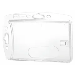 Clear plastic badge pouch for horizontal or vertical orientation. Accommodates badges up to 4 in wide by 2 3/4 in tall. Suitable for displaying ID badges, access cards, or name tags in personnel identification applications.