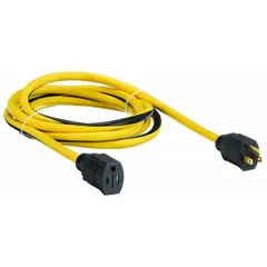This 10 ft outdoor extension cord features a NEMA 5-15P plug and a single outlet, with 12/3 SJTW construction rated for temperatures from -40° to 167°F. The black-and-yellow jacket is designed for outdoor use, providing power to tools, lights, and equipment in construction sites, landscaping, and industrial yards.