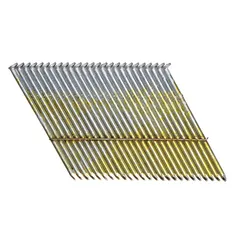 These 3-inch-long, galvanized, flat, smooth steel framing nails feature a diamond point and are wire-collated for use with compatible pneumatic tools. The galvanized finish provides corrosion resistance for exterior or treated-lumber projects. Suitable for structural framing, sheathing, and decking applications.