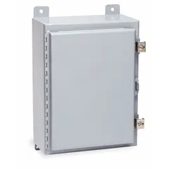 This WIEGMANN steel enclosure measures 20 x 20 x 8 inches and is rated NEMA 12/13 for protection against dust, dirt, oil, and water seepage. It features a solid hinged cover secured by clamps and does not include knockouts. Suitable for housing electrical controls and instruments in industrial environments such as manufacturing plants and machine tools.