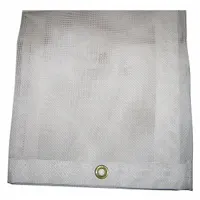 Standard-duty mesh tarp made of 5 mil white vinyl with PVC coating, weighing 10 oz/sq yd. Measures 11.5 ft wide by 13.58 ft long. Suitable for covering equipment, materials, or loads in industrial and construction settings, providing weather resistance while allowing airflow for outdoor storage and transport protection