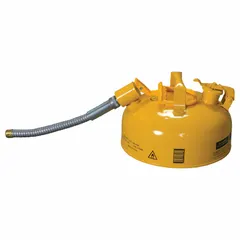 This EAGLE diesel safety can has a 1 gal capacity and includes a 5/8 in OD hose. The yellow can is designed for storing and dispensing diesel fuel in industrial settings, such as fueling equipment or machinery.