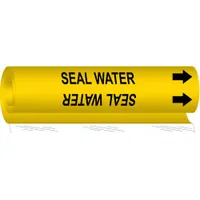 Wrap-around pipe marker with yellow background and black legend reading 'Seal Water', includes directional arrows. Fits pipe outer diameters from 1-1/2 to 2-3/8 inches. Used to identify pipes carrying seal water in industrial piping systems for clear visual communication