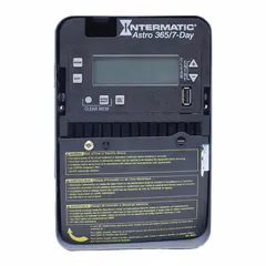 The INTERMATIC ET2815C is a digital timer switch with a metal body for indoor surface mounting. It operates on a 7-day schedule with astronomic functionality that automatically adjusts on/off times based on sunrise and sunset. The switch supports 120-277V AC and features SPDT switching. Typical applications include automated lighting and load control in commercial and industrial settings.